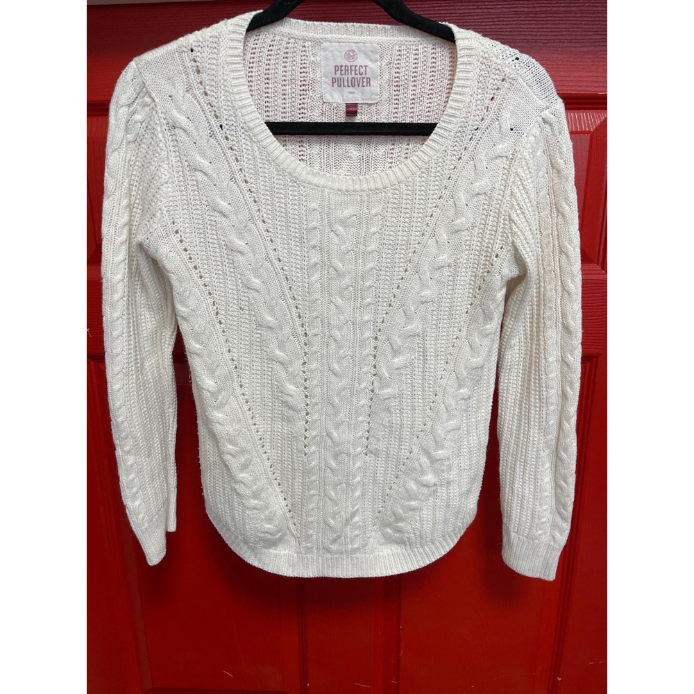 SO Perfect Pullover Cream White Cable Knit Scoop Neck Fitted Sweater Small